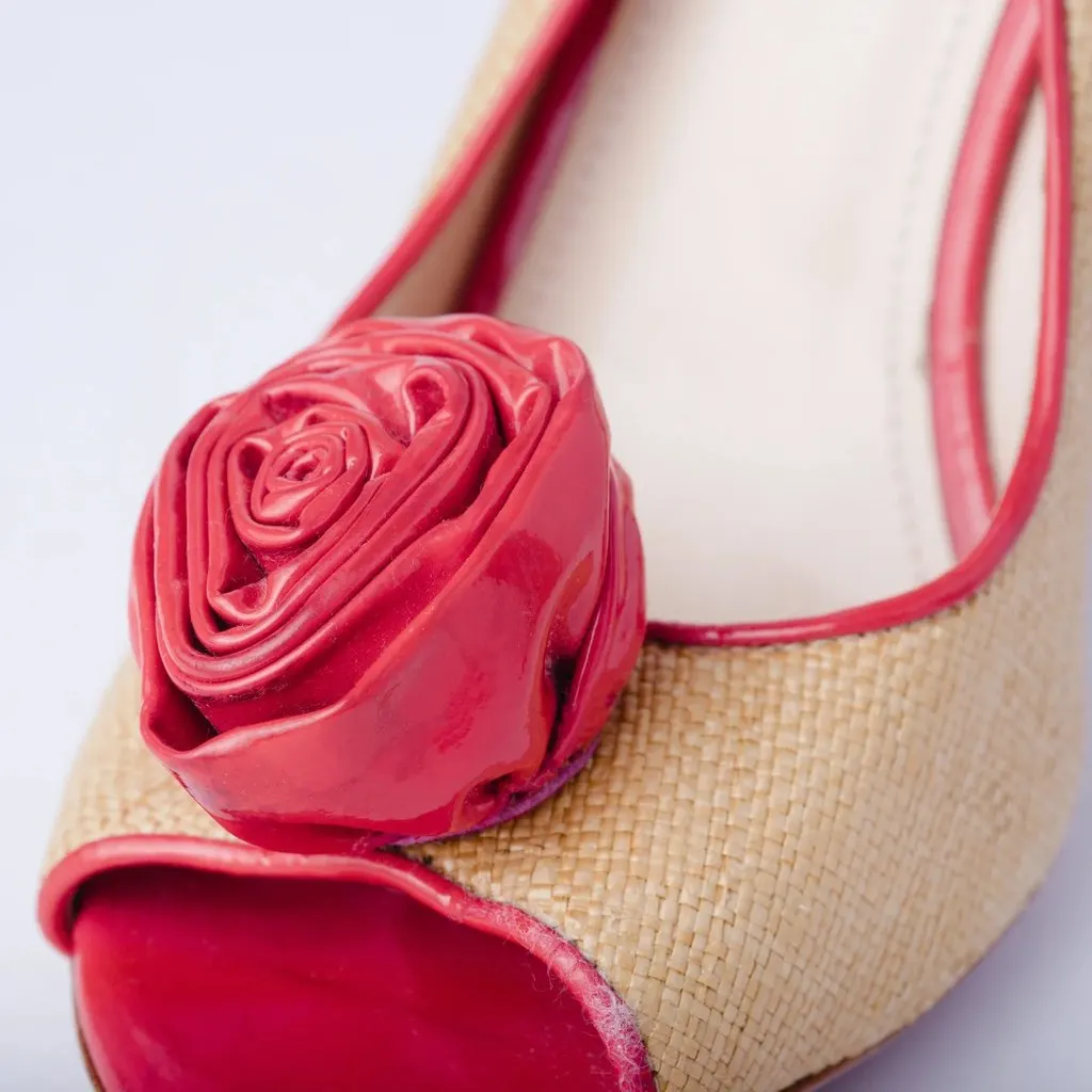 Prada Raffia & Patent Leather Peep-Toe Pumps - '00s Red Leather Good - Box View