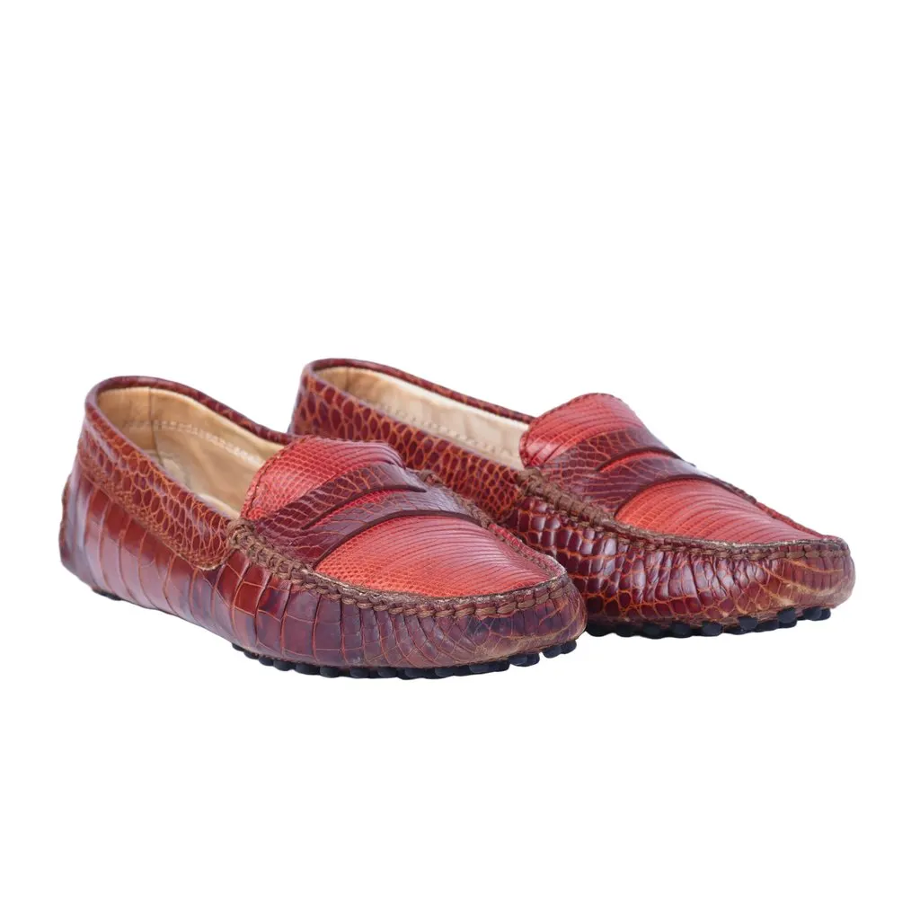 Tod's Cognac Exotic Leather Gommino Driving Loafers - '10s Red Leather Good - Back View