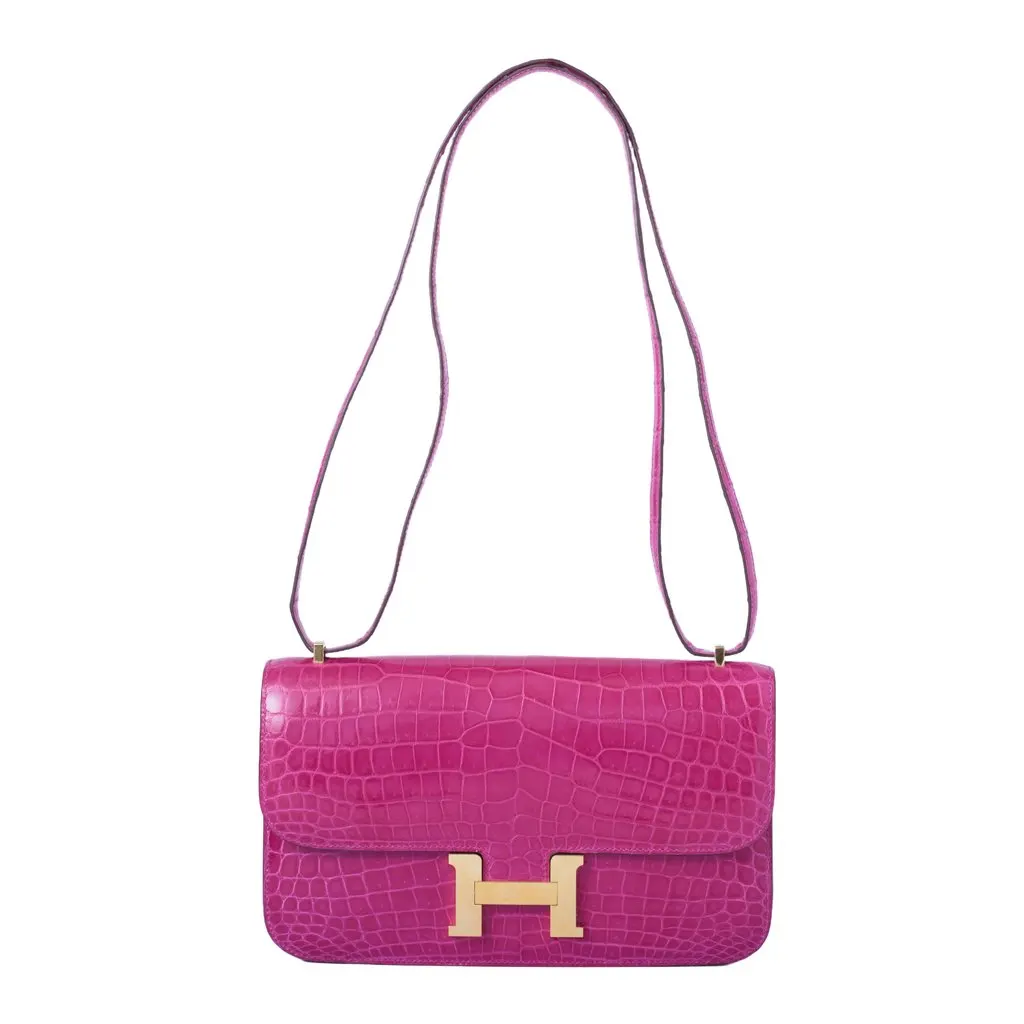 Hermès Constance Elan in Rose Scheherazade Porosus Crocodile with Gold Hardware - '10s MultiColor Leather Good - Front View