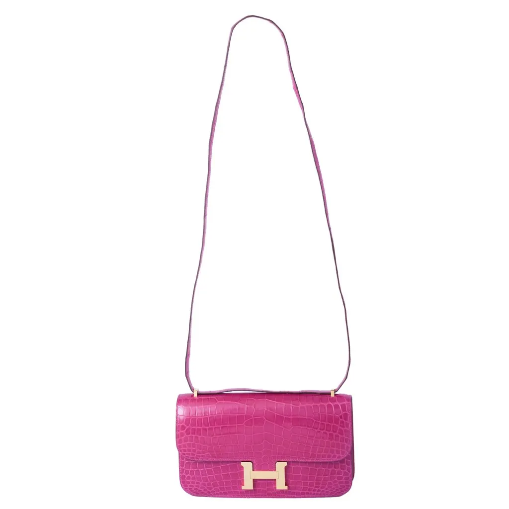 Hermès Constance Elan in Rose Scheherazade Porosus Crocodile with Gold Hardware - '10s MultiColor Leather Good - Back View