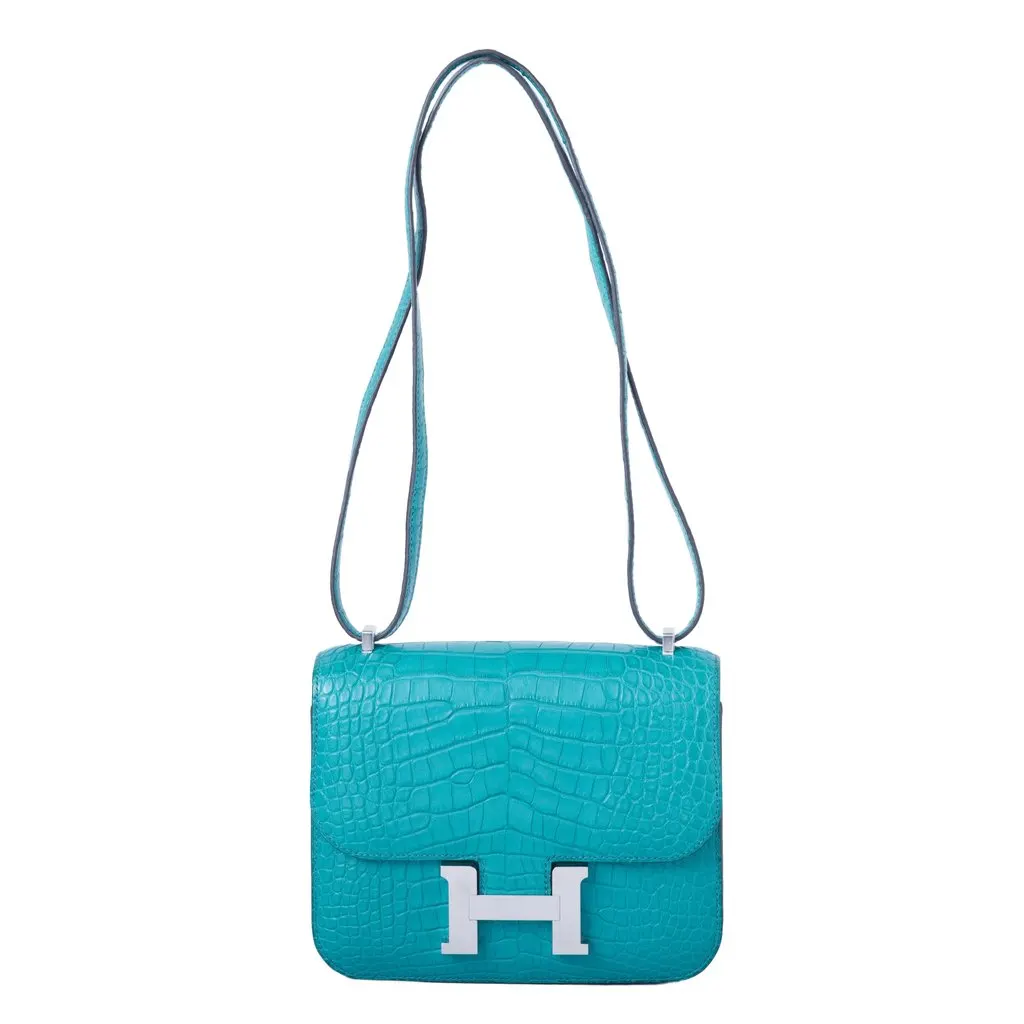 Hermès Constance 18 Turquoise (T9) Matte Alligator – Palladium Hardware - '00s MultiColor Leather Good - Front View