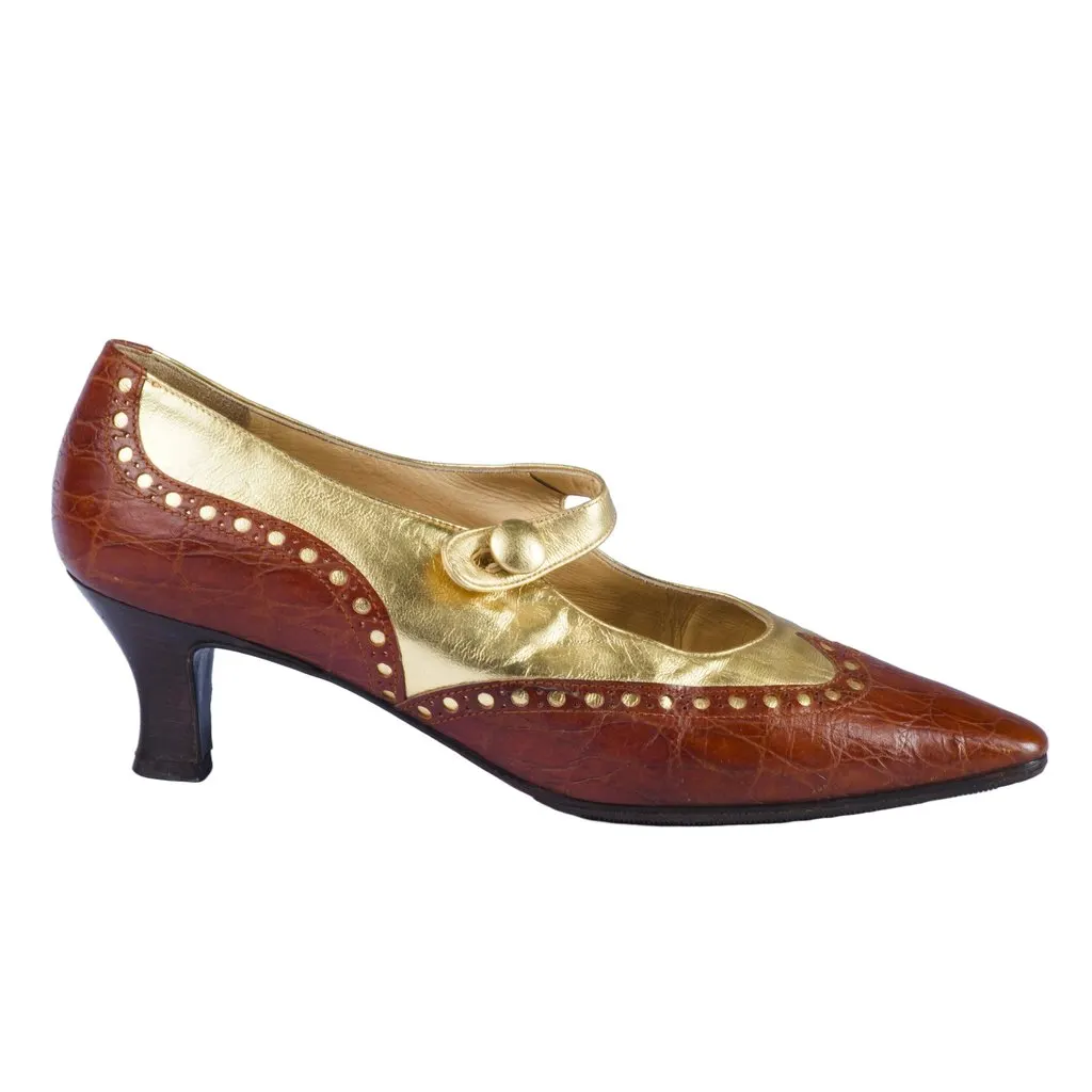 Prada Brown Croc-Embossed Leather Mary Jane Pumps - '90s Brown Leather Good - Front View