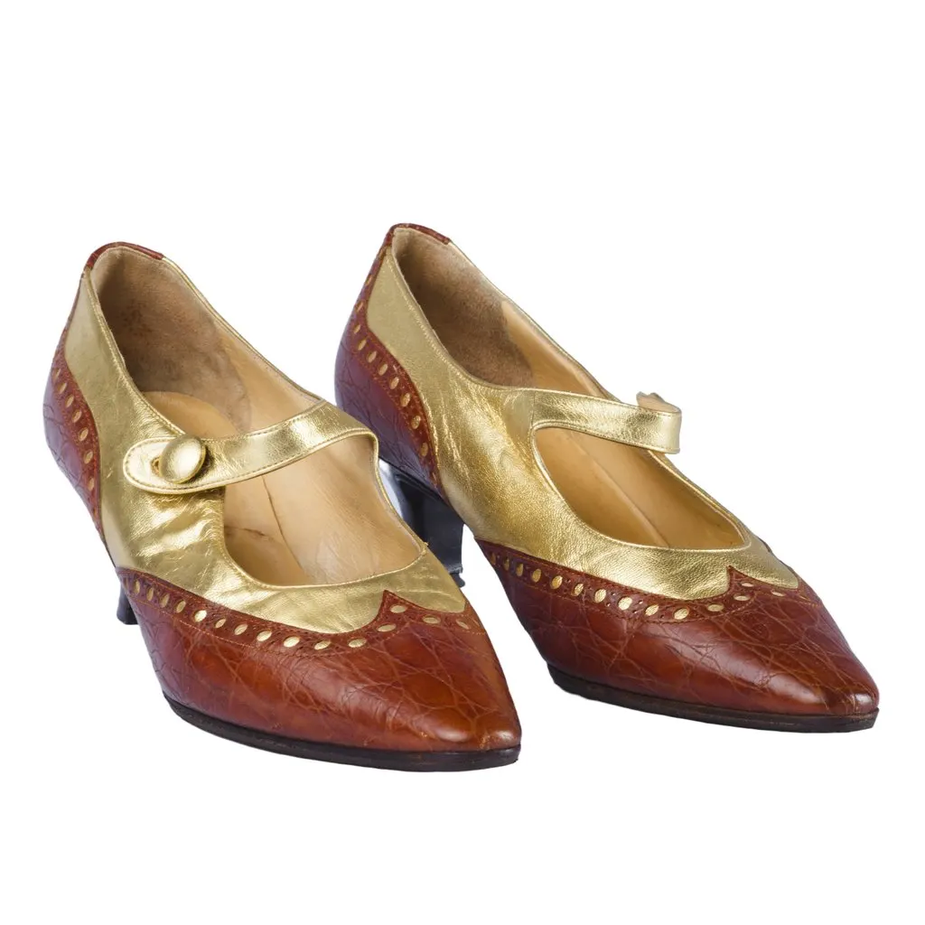 Prada Brown Croc-Embossed Leather Mary Jane Pumps - '90s Brown Leather Good - Back View