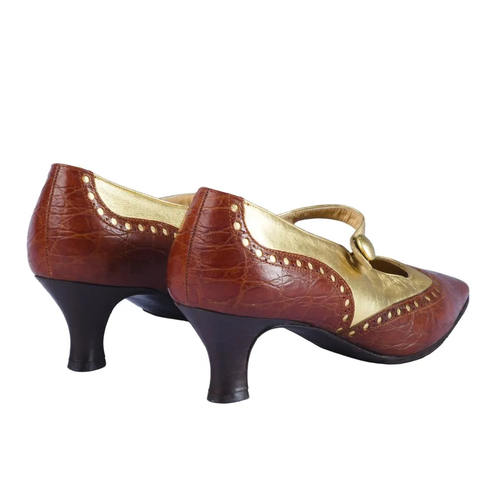 Prada Brown Croc-Embossed Leather Mary Jane Pumps - '90s Brown Leather Good - Inside View