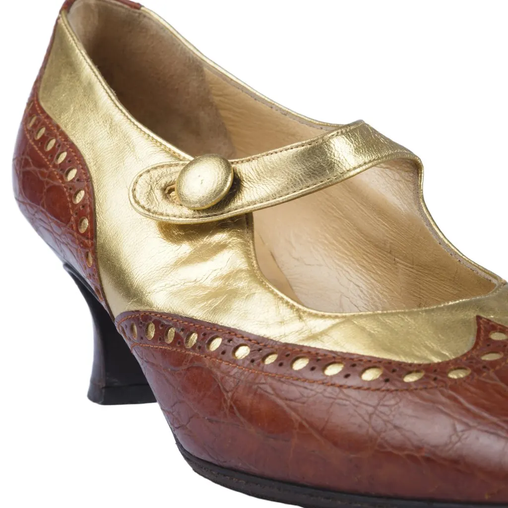 Prada Brown Croc-Embossed Leather Mary Jane Pumps - '90s Brown Leather Good - Model View