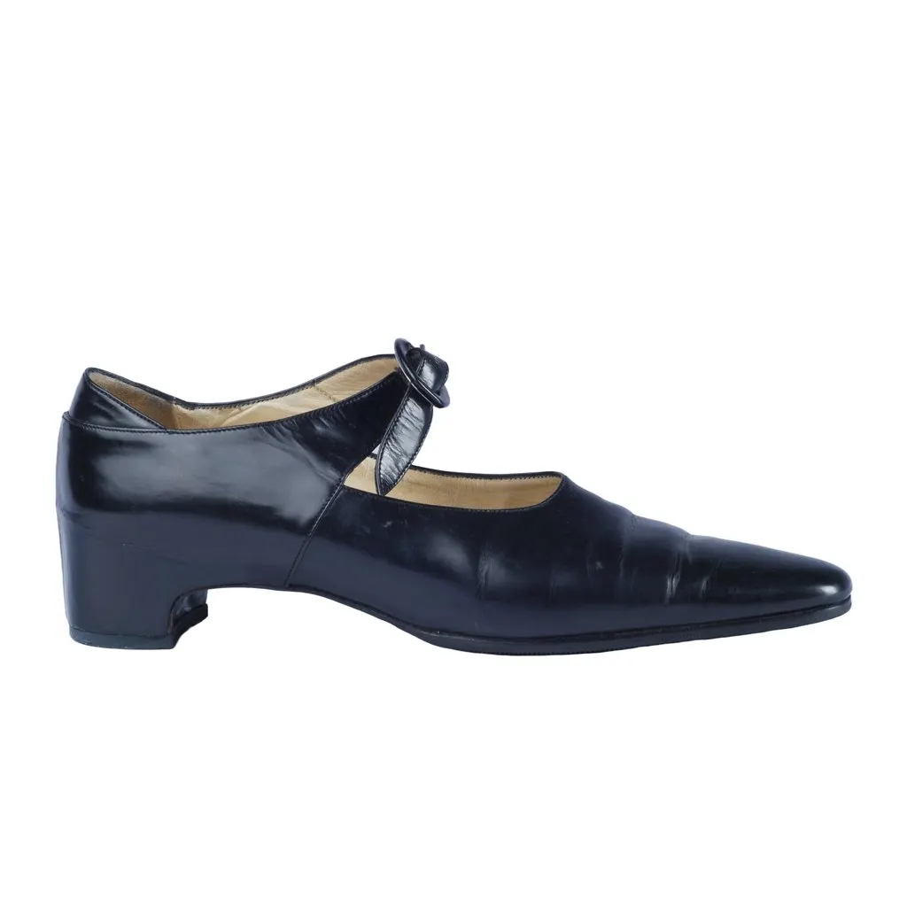 Unsigned Michel Perry Paris Black Leather Mary Jane Pumps - '90s Black Leather Good - Front View