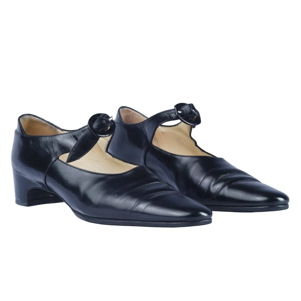Unsigned Michel Perry Paris Black Leather Mary Jane Pumps - '90s Black Leather Good - Back View