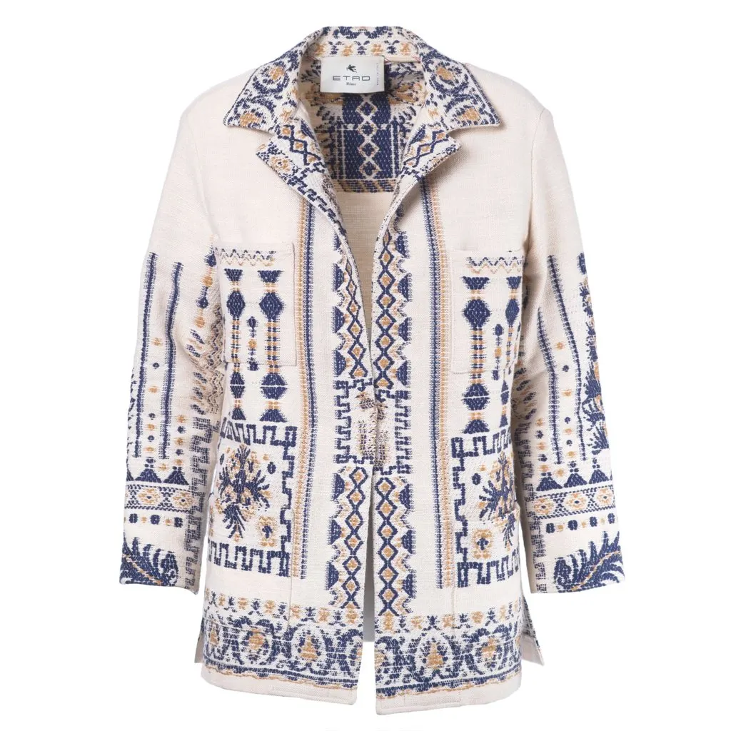 etro Beige & Navy Jacquard Ethnic Jacket - '20s Navy Canvas Good - Front View