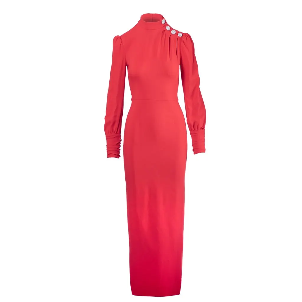 Unsigned Alessandra Rich Coral Red Embellished Shoulder Maxi Dress - '20s Red Good - Front View