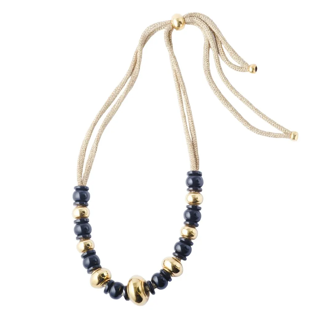 missoni 18k Yellow Gold and Black Bead Statement Necklace - '80s Black Lace Good - Front View