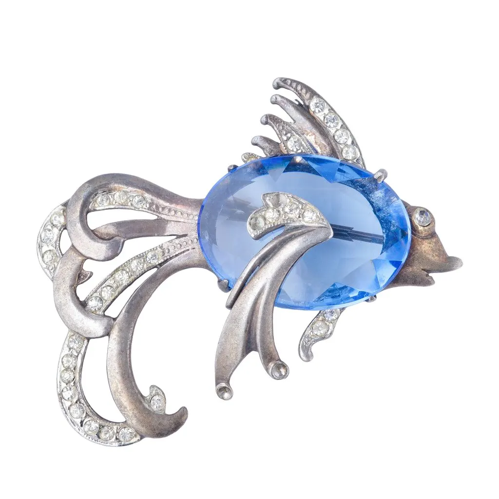 Unsigned Vintage Sterling Silver Blue Crystal Fish Brooch - '60s Blue Good - Front View