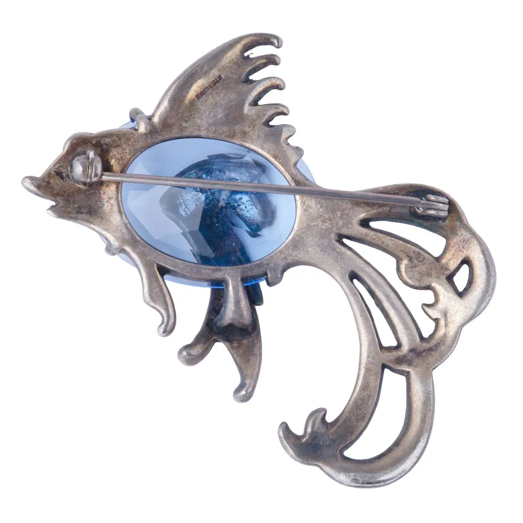 Unsigned Vintage Sterling Silver Blue Crystal Fish Brooch - '60s Blue Good - Back View