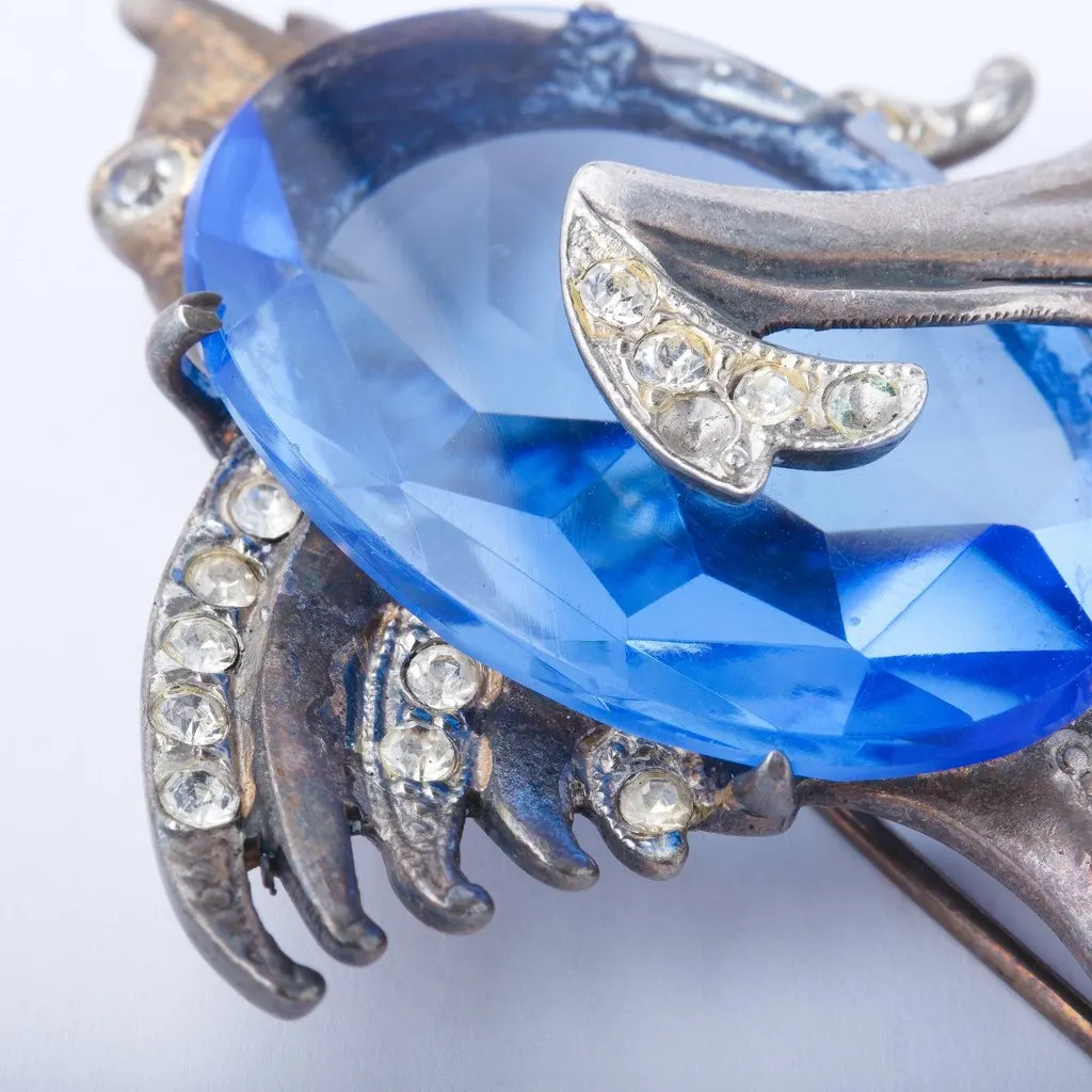 Unsigned Vintage Sterling Silver Blue Crystal Fish Brooch - '60s Blue Good - Inside View