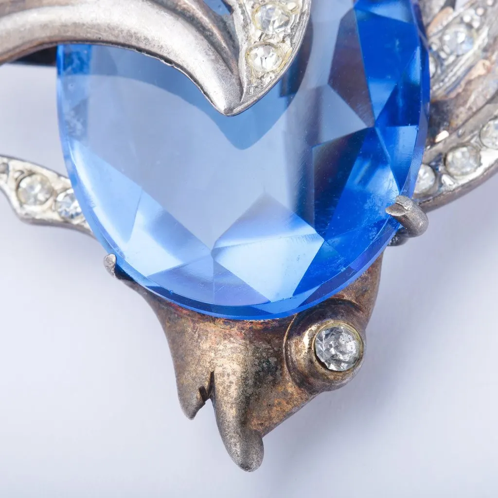 Unsigned Vintage Sterling Silver Blue Crystal Fish Brooch - '60s Blue Good - Box View