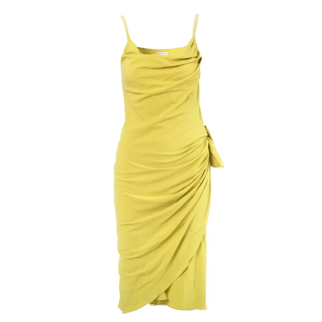 Unsigned Lime Yellow Draped Midi Dress - '00s Yellow Good - Front View
