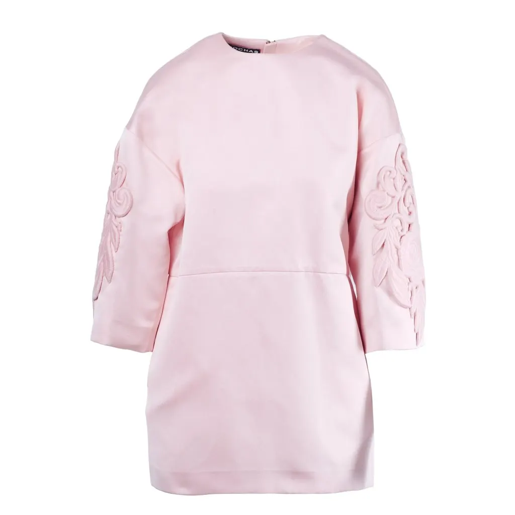 Rochas Pink Structured Mini Dress with Floral Embroidery - '10s Red Satin Good - Front View