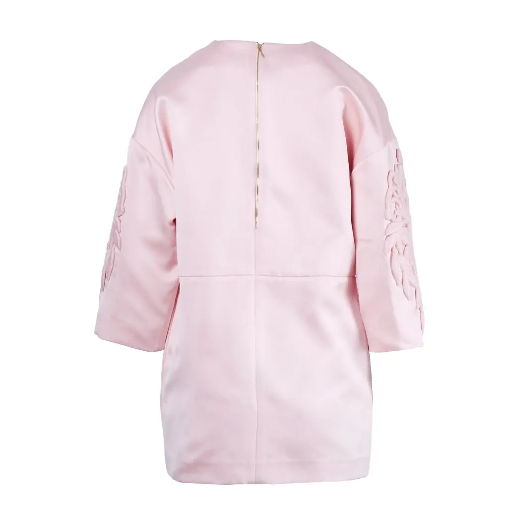 Rochas Pink Structured Mini Dress with Floral Embroidery - '10s Red Satin Good - Inside View