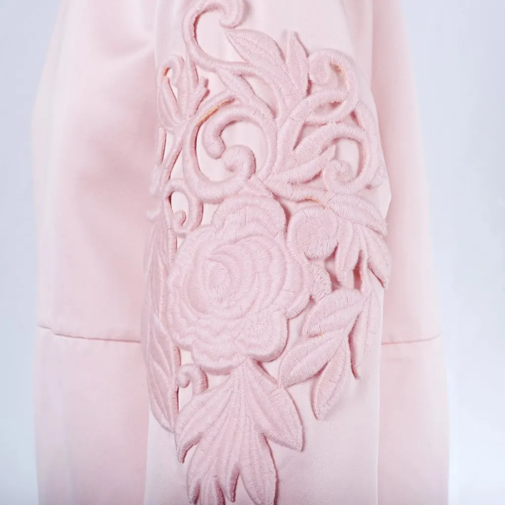 Rochas Pink Structured Mini Dress with Floral Embroidery - '10s Red Satin Good - Model View
