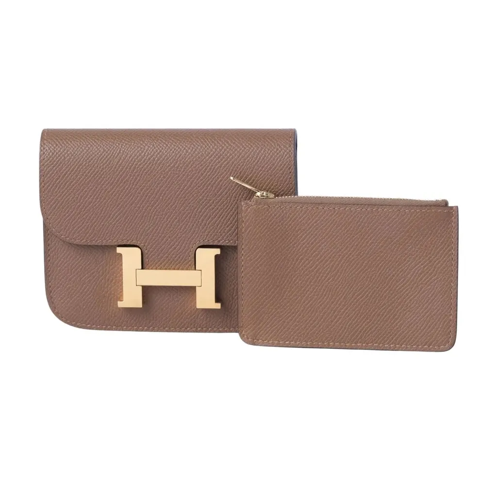 Hermès Constance Slim Belt Wallet in Taupe Epsom Leather with Gold Hardware - '20s MultiColor Leather Good - Model View