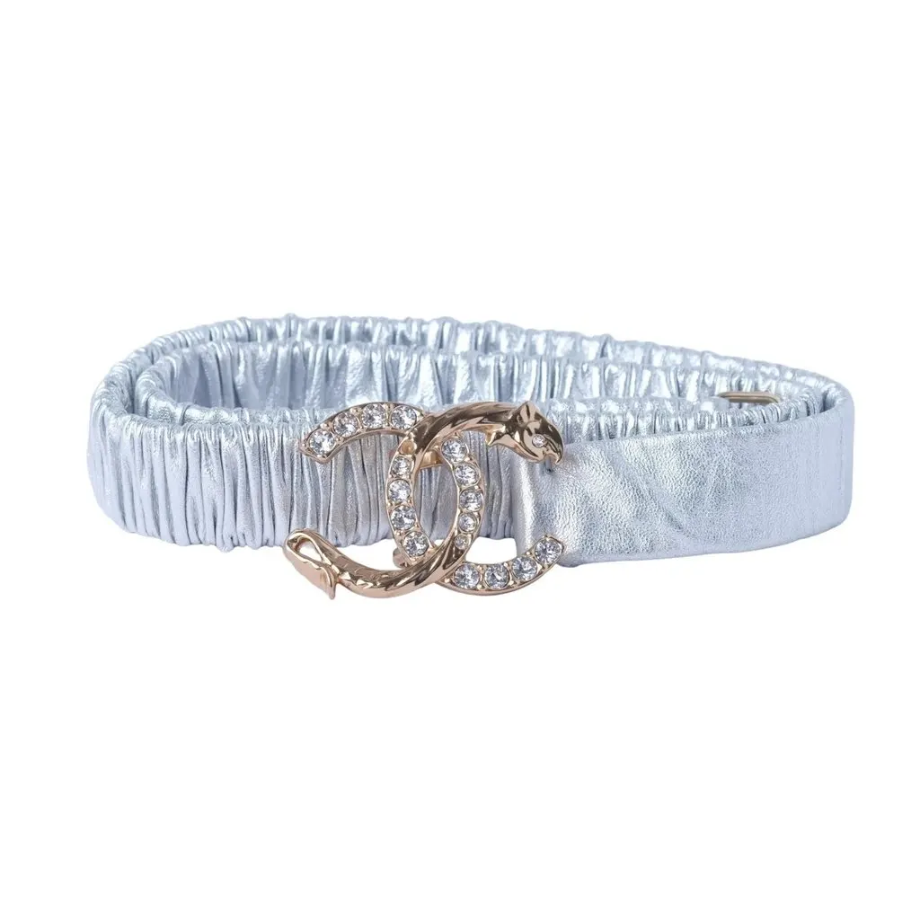 Chanel Leather Belt with Crystal-Embellished CC Logo - '20s Silver Leather Good - Front View