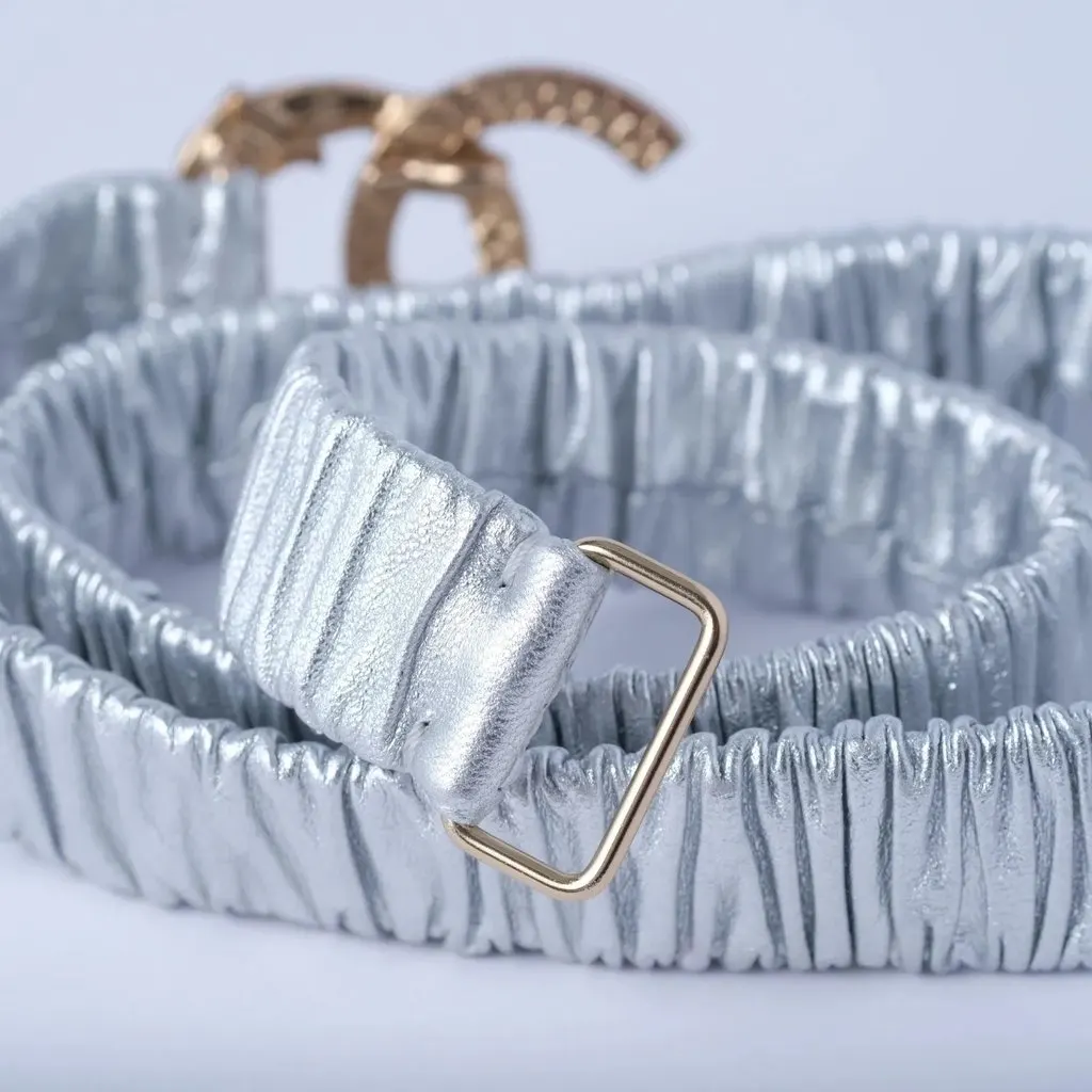 Chanel Leather Belt with Crystal-Embellished CC Logo - '20s Silver Leather Good - Inside View