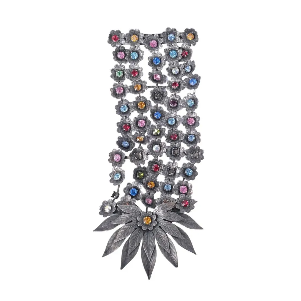 Unsigned Vintage Floral Brooch with Multicolour Crystals - '70s MultiColor Good - Front View