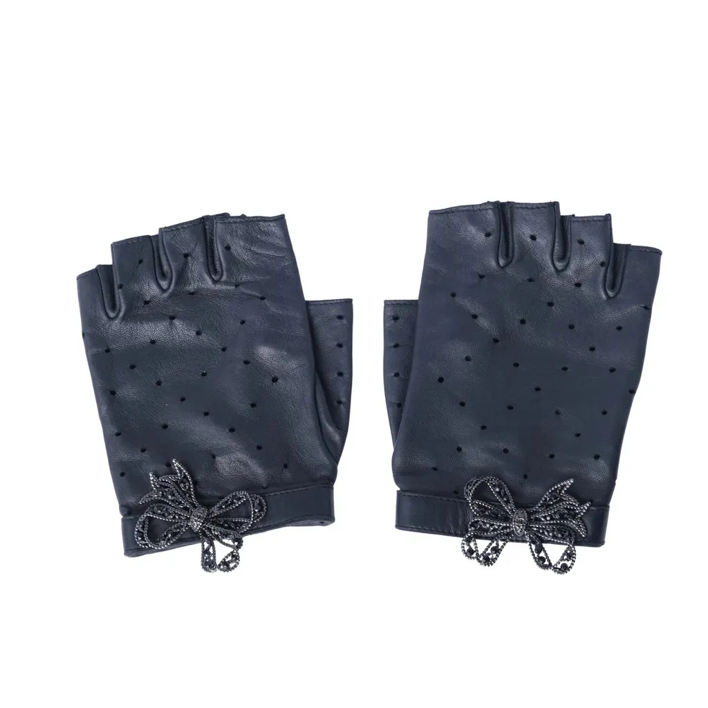 Chanel Black Perforated Lambskin Fingerless Gloves with Crystal Bow Detail - '20s Black Leather Good - Front View