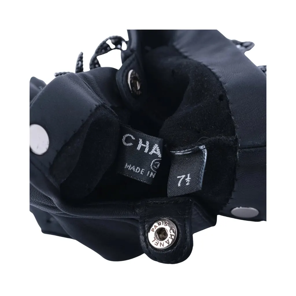 Chanel Black Perforated Lambskin Fingerless Gloves with Crystal Bow Detail - '20s Black Leather Good - Inside View