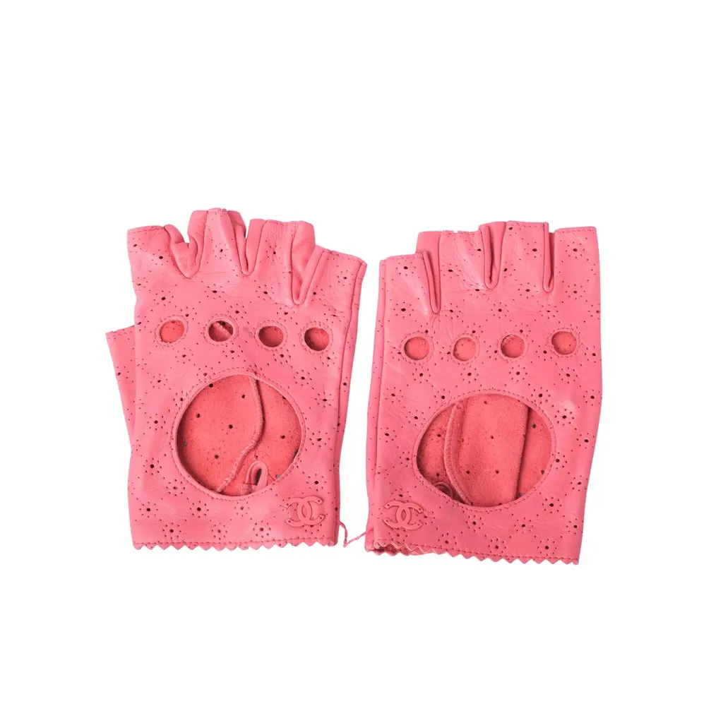 Chanel Leather Women's Pink Fingerless Motorcycle Gloves - '10s Pink Leather Good - Front View