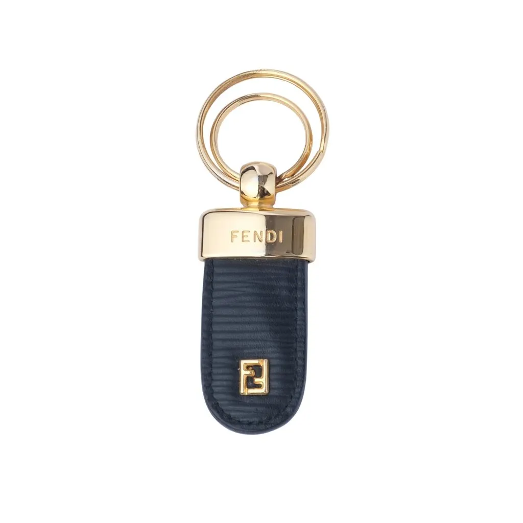 Fendi Navy Leather FF Logo Key Holder with Gold-Tone Double Ring - '10s Navy Leather Good - Front View