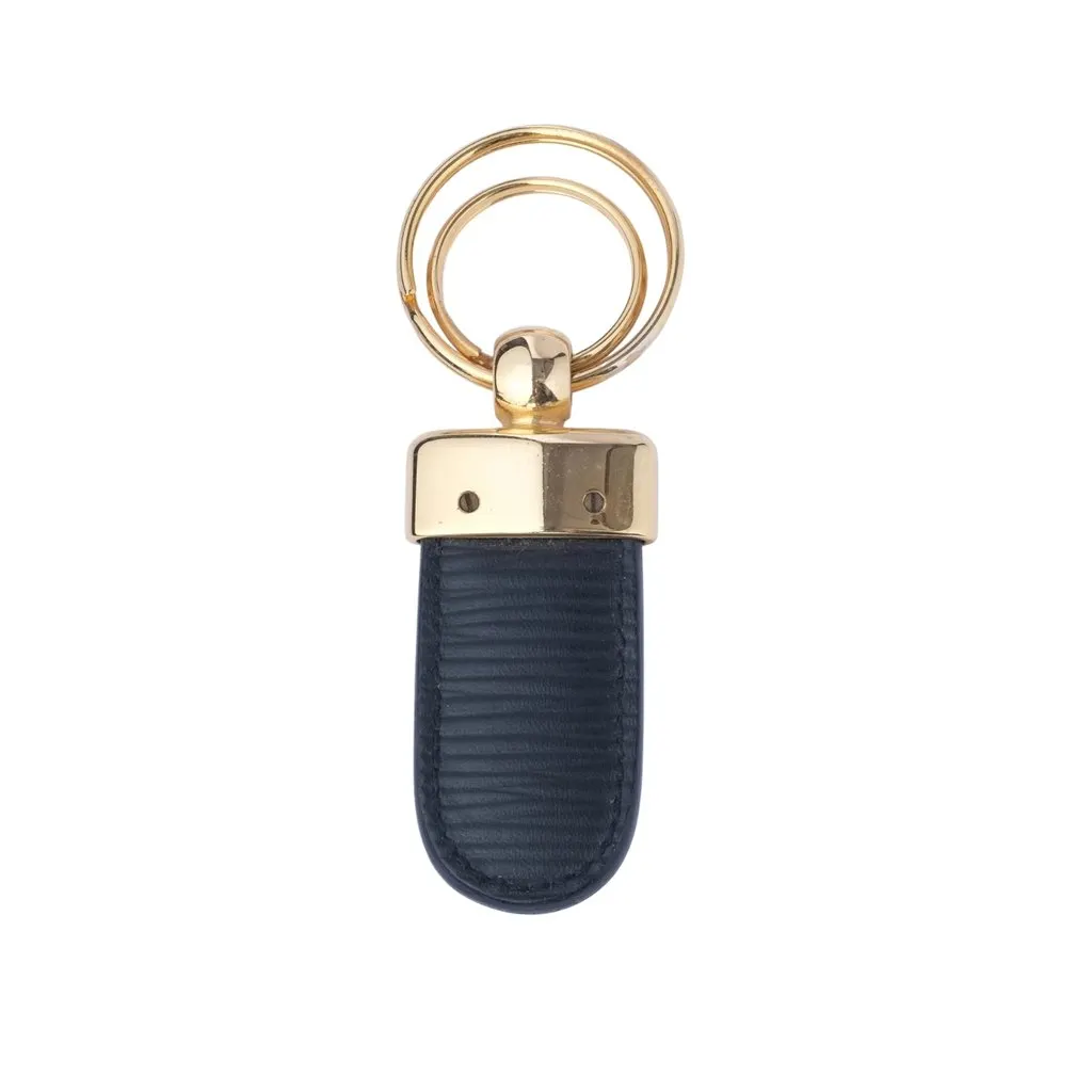 Fendi Navy Leather FF Logo Key Holder with Gold-Tone Double Ring - '10s Navy Leather Good - Back View