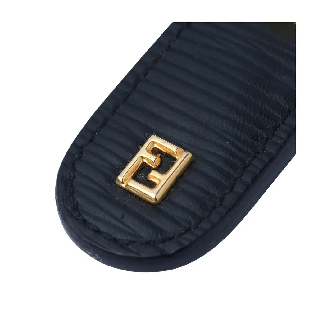 Fendi Navy Leather FF Logo Key Holder with Gold-Tone Double Ring - '10s Navy Leather Good - Model View