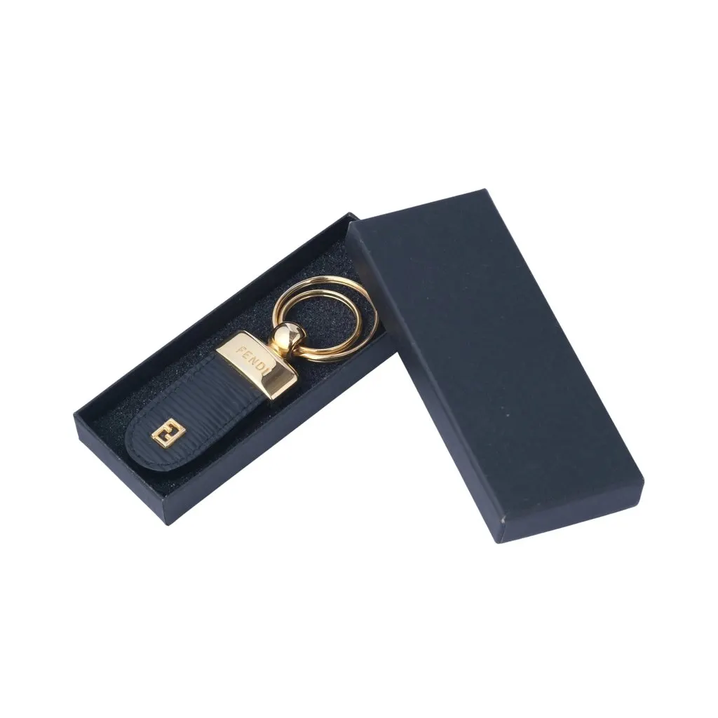 Fendi Navy Leather FF Logo Key Holder with Gold-Tone Double Ring - '10s Navy Leather Good - Box View