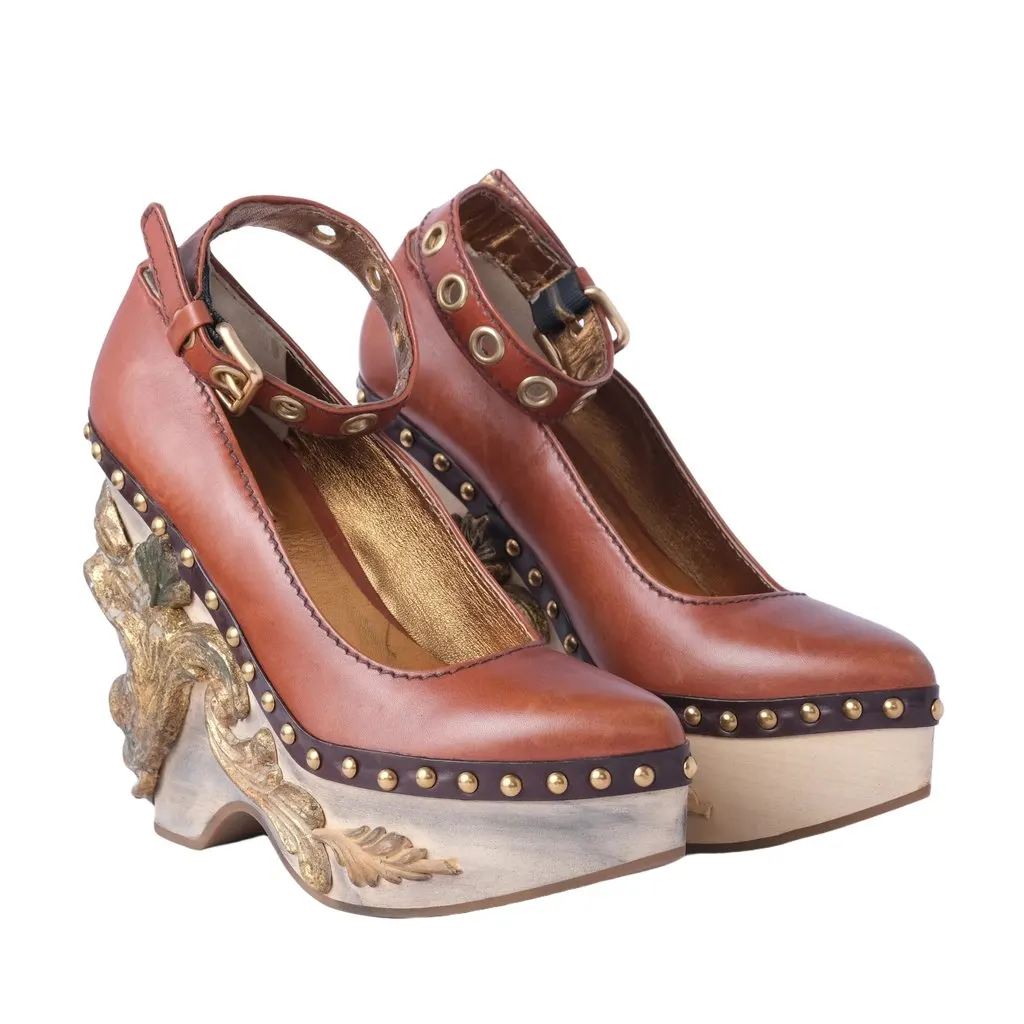 Miu Miu Cammeo Baroque, leather wedge - '00s Brown Leather Good - Model View