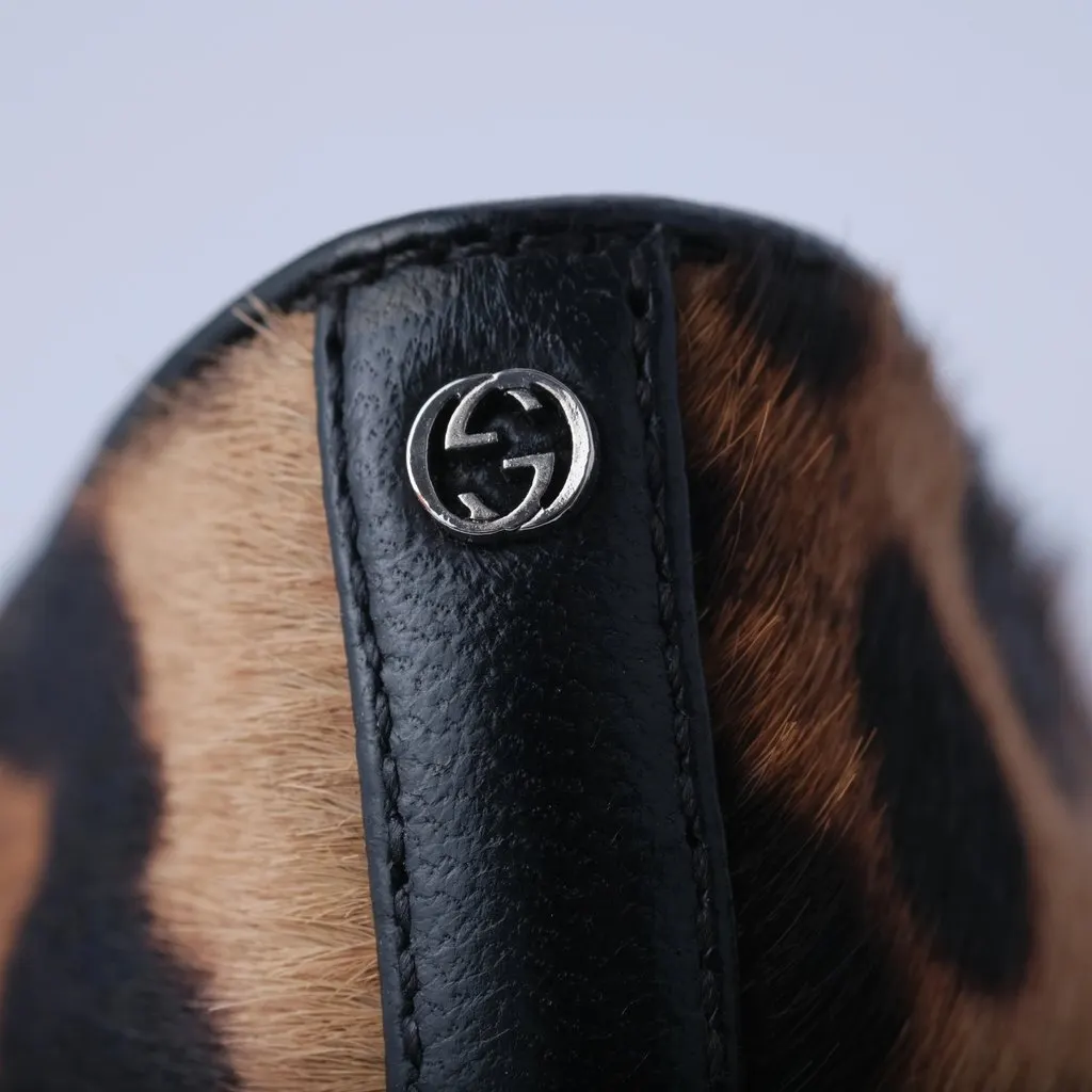 Gucci Two-Tone Leopard Print Pony Hair Wedge Pumps - '00s Black Leather Good - Model View
