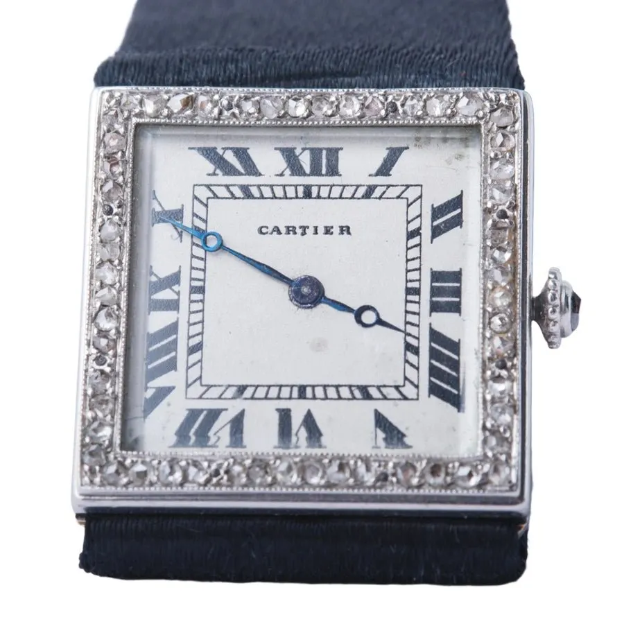 Cartier Art Déco Diamond & Onyx Wristwatch in Platinum and Gold, Circa 1925 Gold Leather Good - Front View