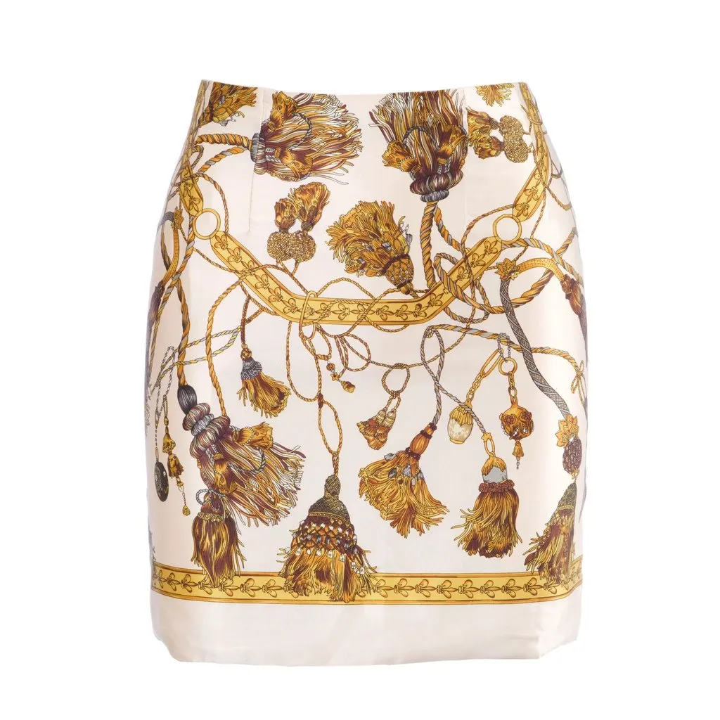 Unsigned Oxygene Silk Skirt with Baroque Tassel Print - '10s White Silk Good - Front View