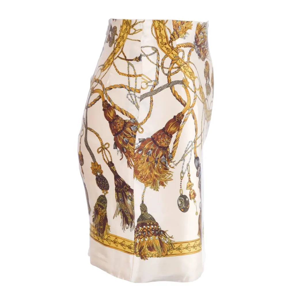 Unsigned Oxygene Silk Skirt with Baroque Tassel Print - '10s White Silk Good - Back View