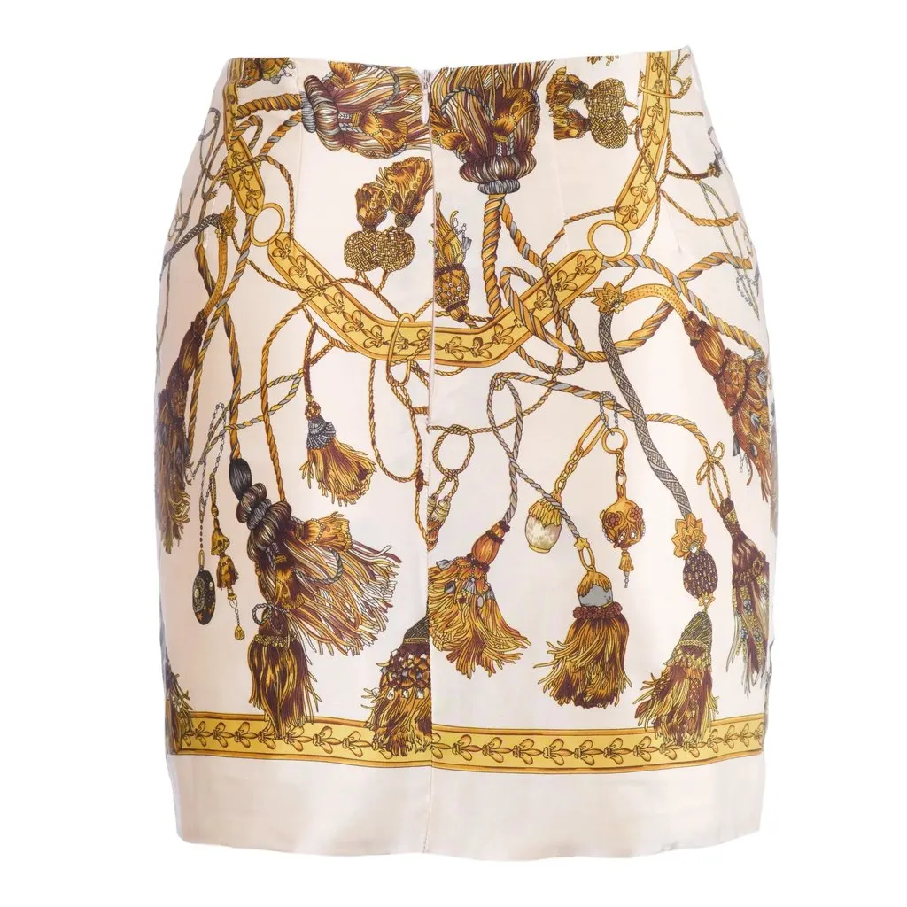 Unsigned Oxygene Silk Skirt with Baroque Tassel Print - '10s White Silk Good - Inside View
