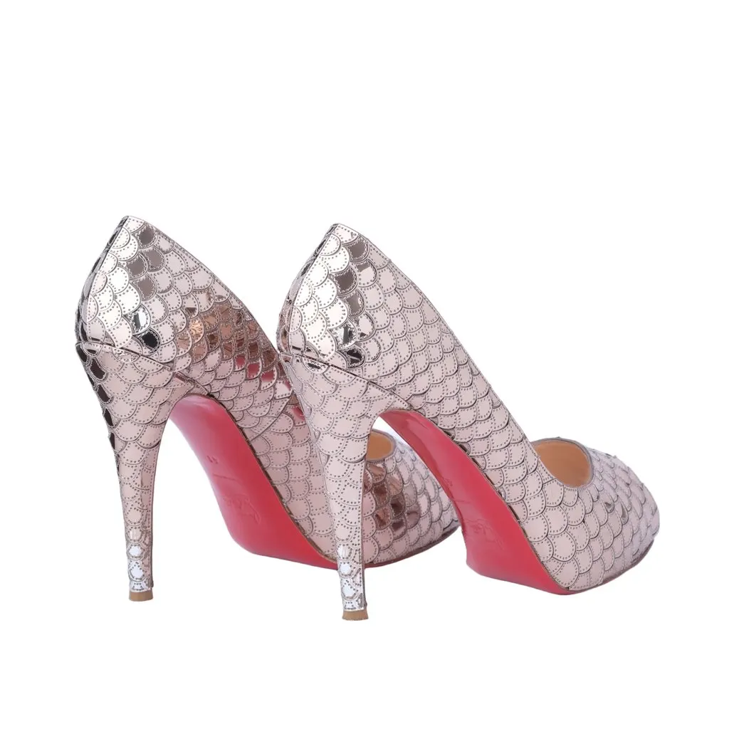 Christian Louboutin Poseidon Metallic Silver Scaled PVC & Foil Peep-Toe Pumps - '10s Silver Satin Good - Inside View