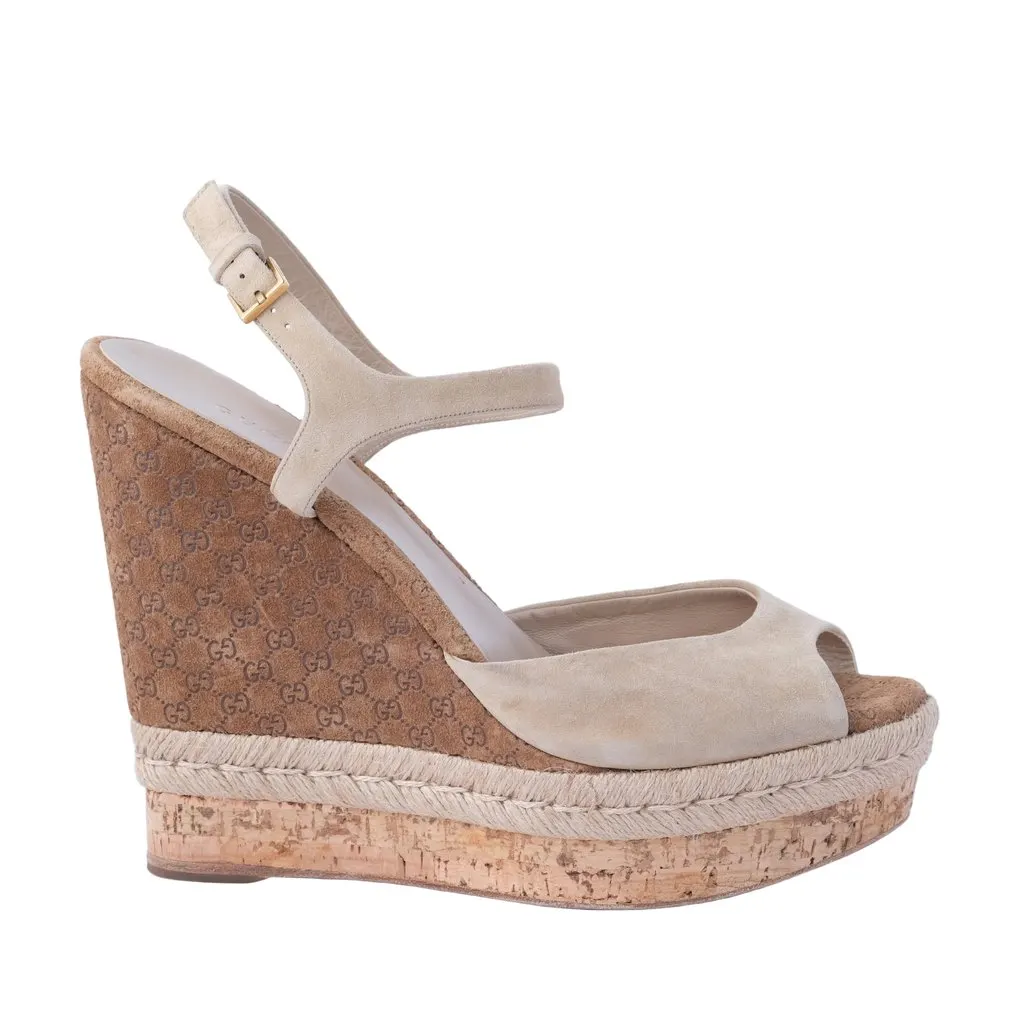 Gucci Suede & Guccissima Cork Hollie Wedge Sandals - '10s Beige Suede Good - Front View