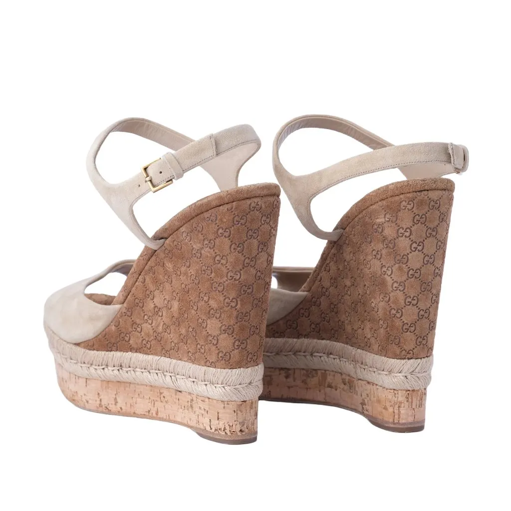 Gucci Suede & Guccissima Cork Hollie Wedge Sandals - '10s Beige Suede Good - Inside View