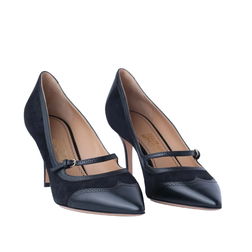 Salvatore Ferragamo Black Leather & Suede Mary Jane Pumps - '10s Black Leather Good - Back View