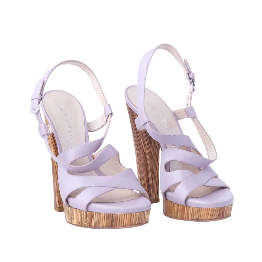 Unsigned Casadei Lavender Leather Platform Sandals with Sculpted Wooden Heel - '10s MultiColor Leather Good - Inside View
