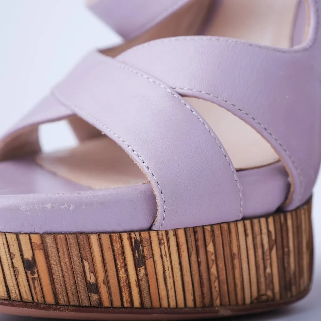 Unsigned Casadei Lavender Leather Platform Sandals with Sculpted Wooden Heel - '10s MultiColor Leather Good - Model View