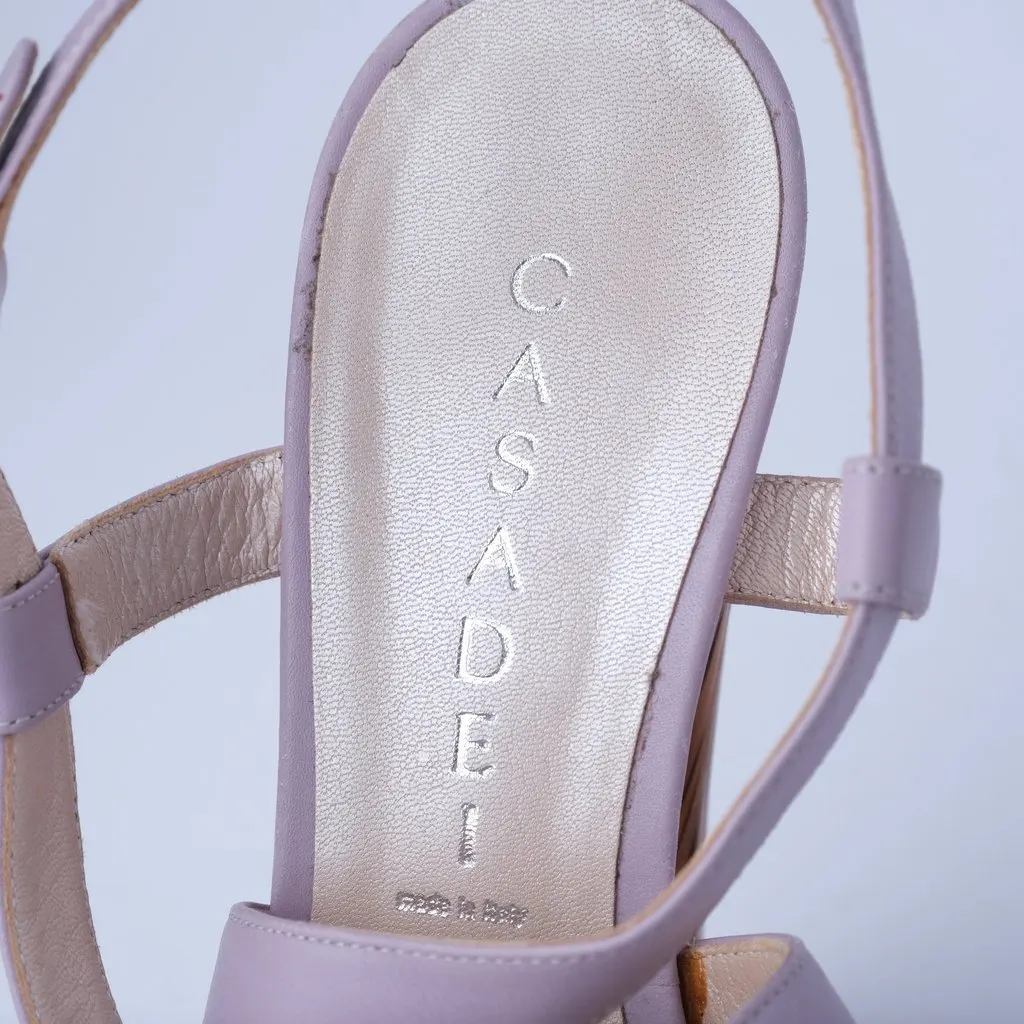 Unsigned Casadei Lavender Leather Platform Sandals with Sculpted Wooden Heel - '10s MultiColor Leather Good - Box View