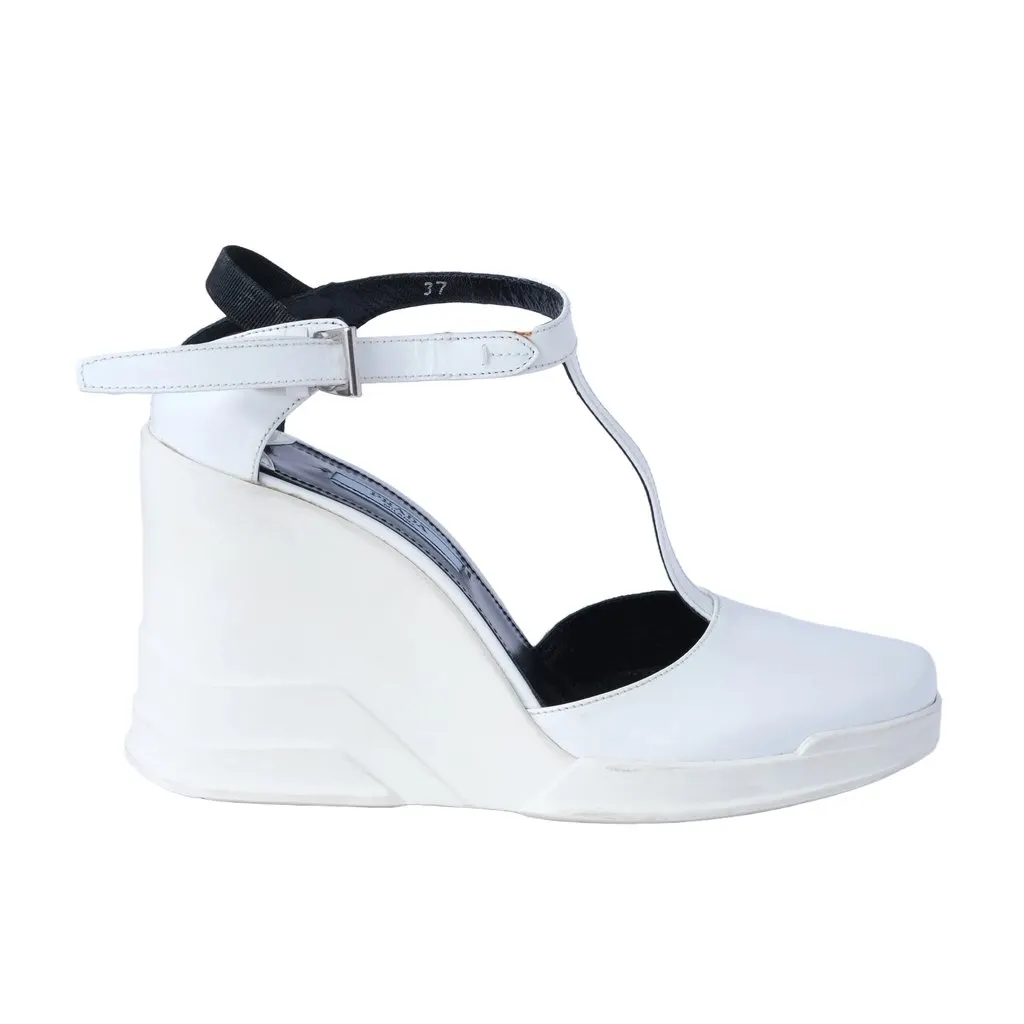 Prada White Leather T-Strap Platform Wedge Sandals - '10s White Leather Good - Front View