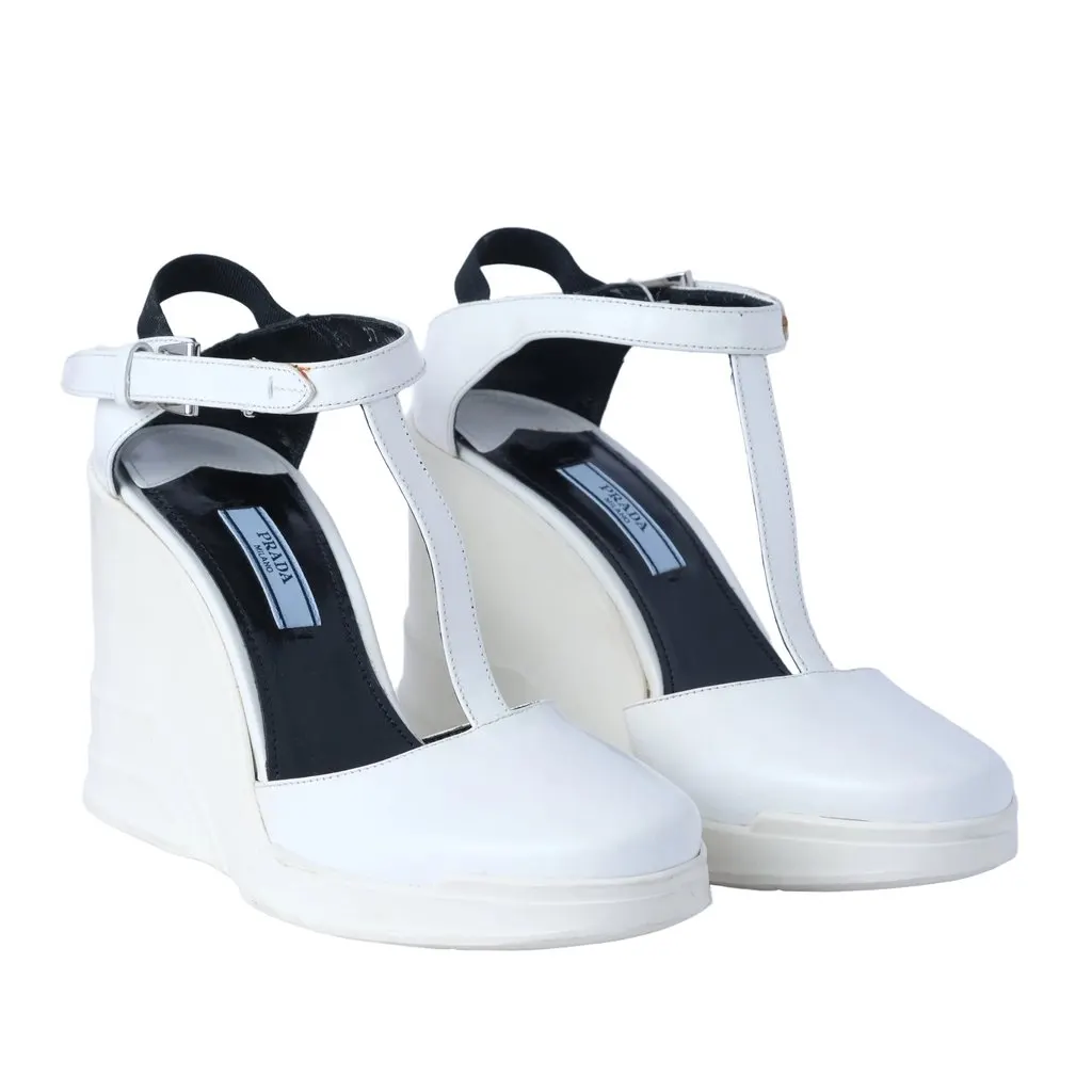 Prada White Leather T-Strap Platform Wedge Sandals - '10s White Leather Good - Inside View