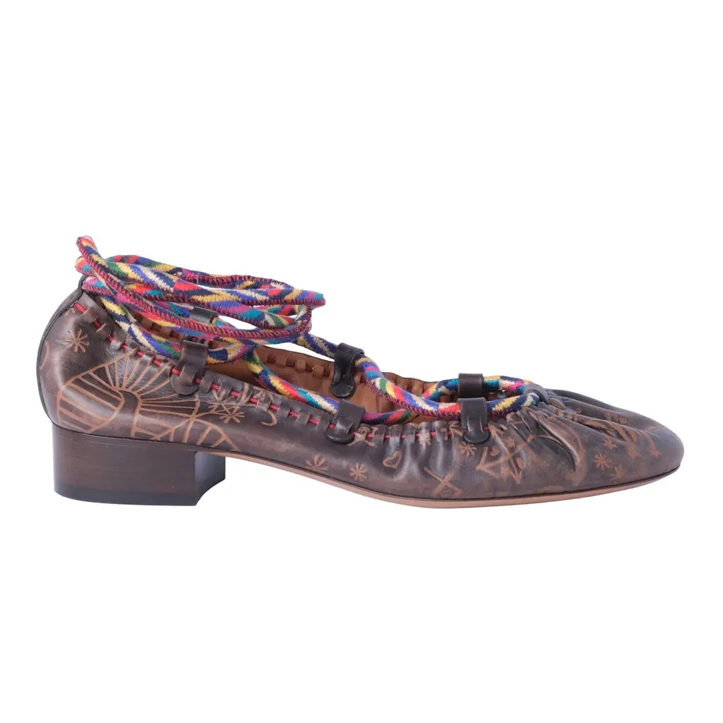 Valentino Garavani Printed Leather Wrap Ballet Flats in Brown - '10s Brown Leather Good - Front View