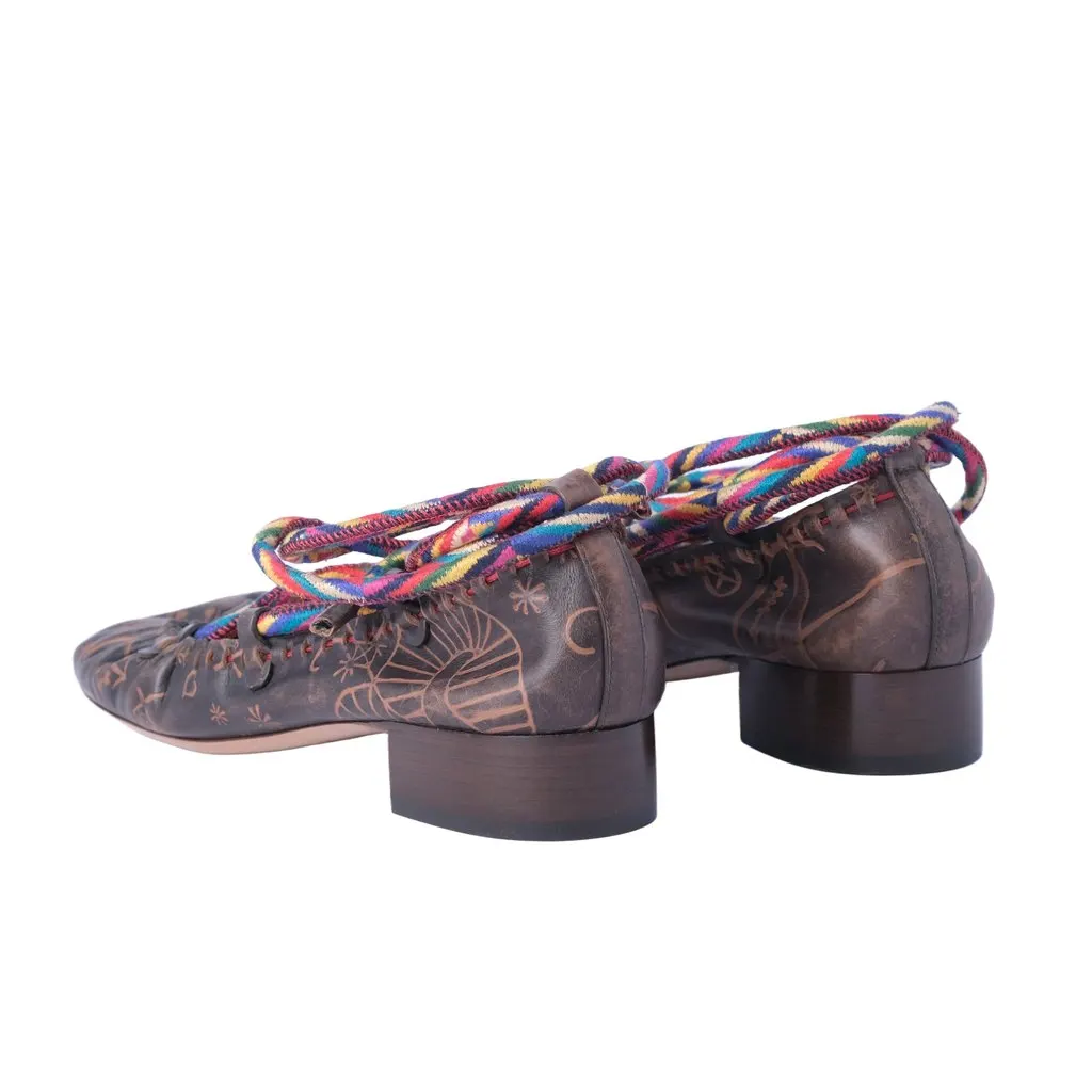 Valentino Garavani Printed Leather Wrap Ballet Flats in Brown - '10s Brown Leather Good - Back View